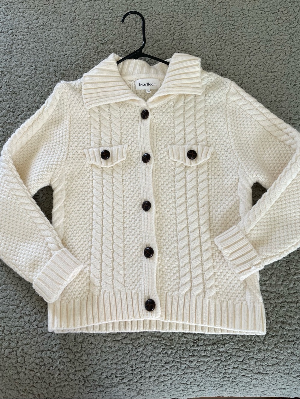 Heartloom Women’s Ivory White Cable-Knit Collared Button Front Pocket Cardigan S